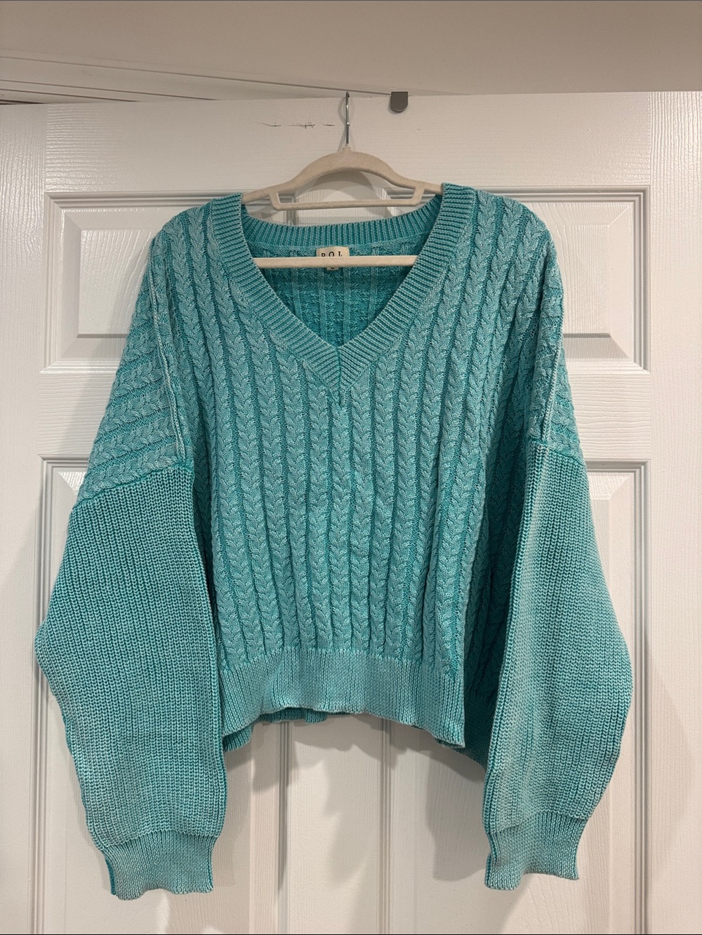 POL Teal Cable Knit V-Neck Sweater